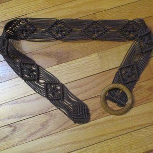 35 in. Braided Belt With Etched Flower Pattern On Wooden Pull Through Buckle